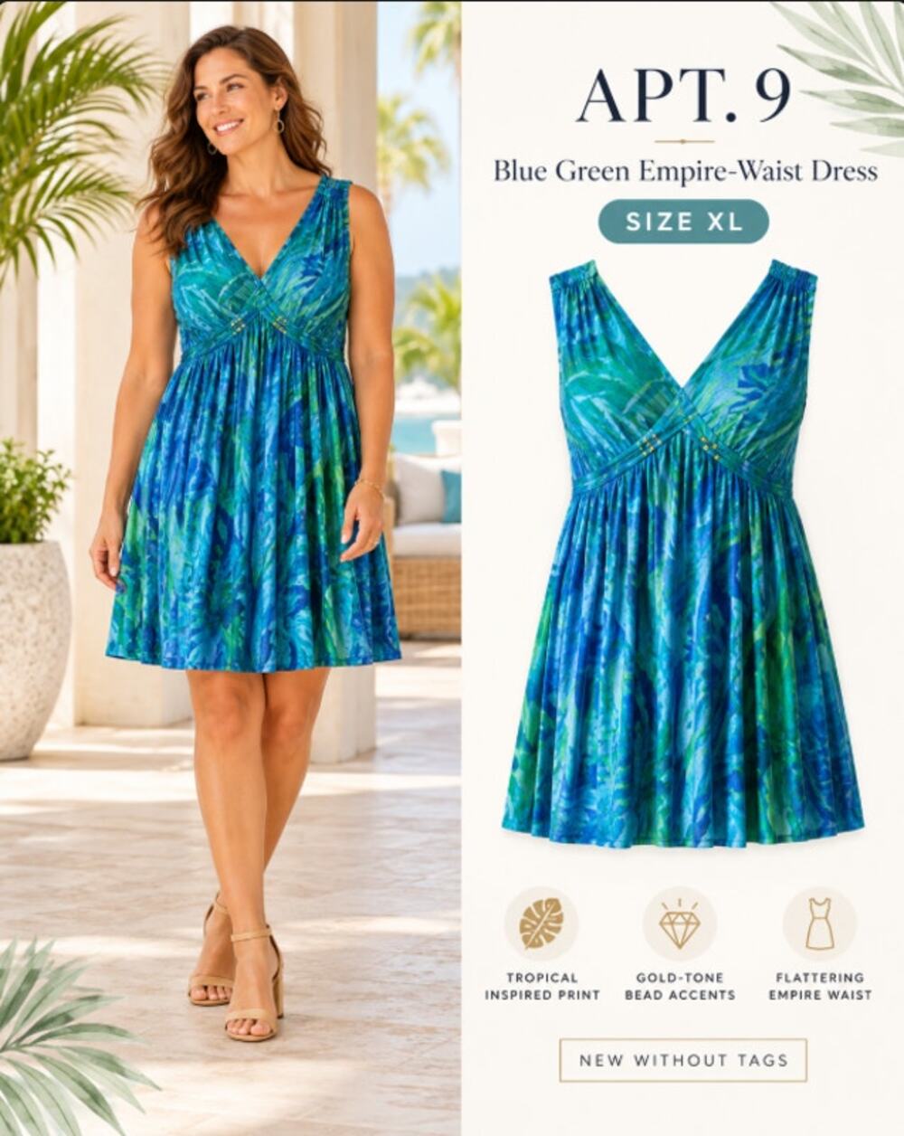 Apt 9 Women’s XL Blue Green Tropical Print Empire Waist Beaded V-Neck Dress